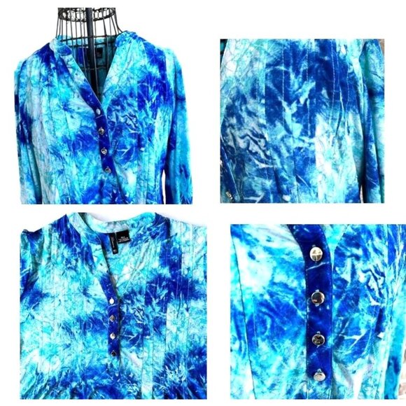 New Directions Tunic Top PM Petite Medium Blue Tie Dye Roll Tab Sleeves … - Picture 4 of 12